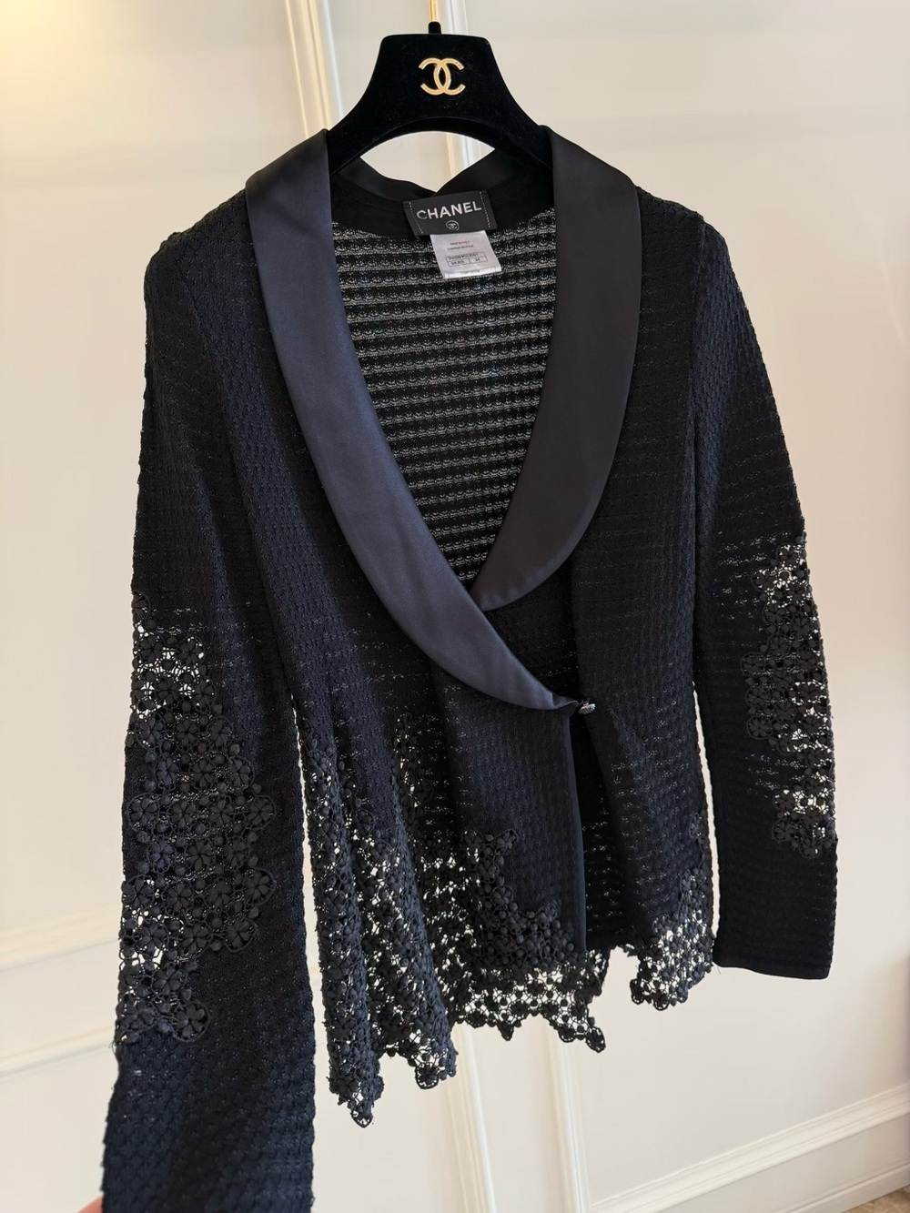 CHANEL Black Knit Cardigan with Satin Shawl Collar and Crochet Trim
